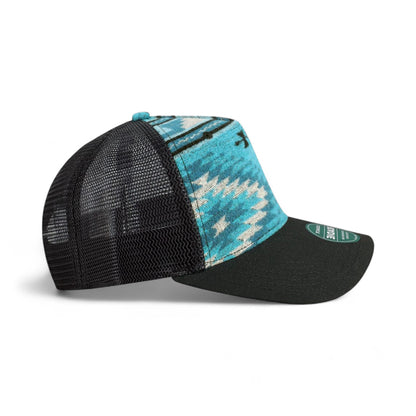 Right side view of Legacy ROADIE custom hat in aqua aztec and  black