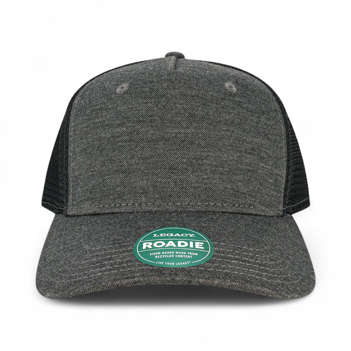 Front view of LEGACY ROADIE custom hat in black and  black