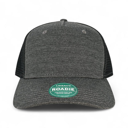 Front view of LEGACY ROADIE custom hat in black and  black