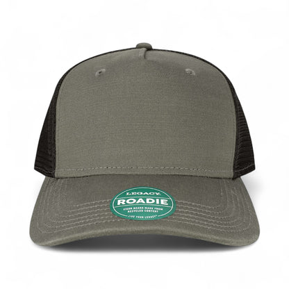 Front view of LEGACY ROADIE custom hat in charcoal slub and  black