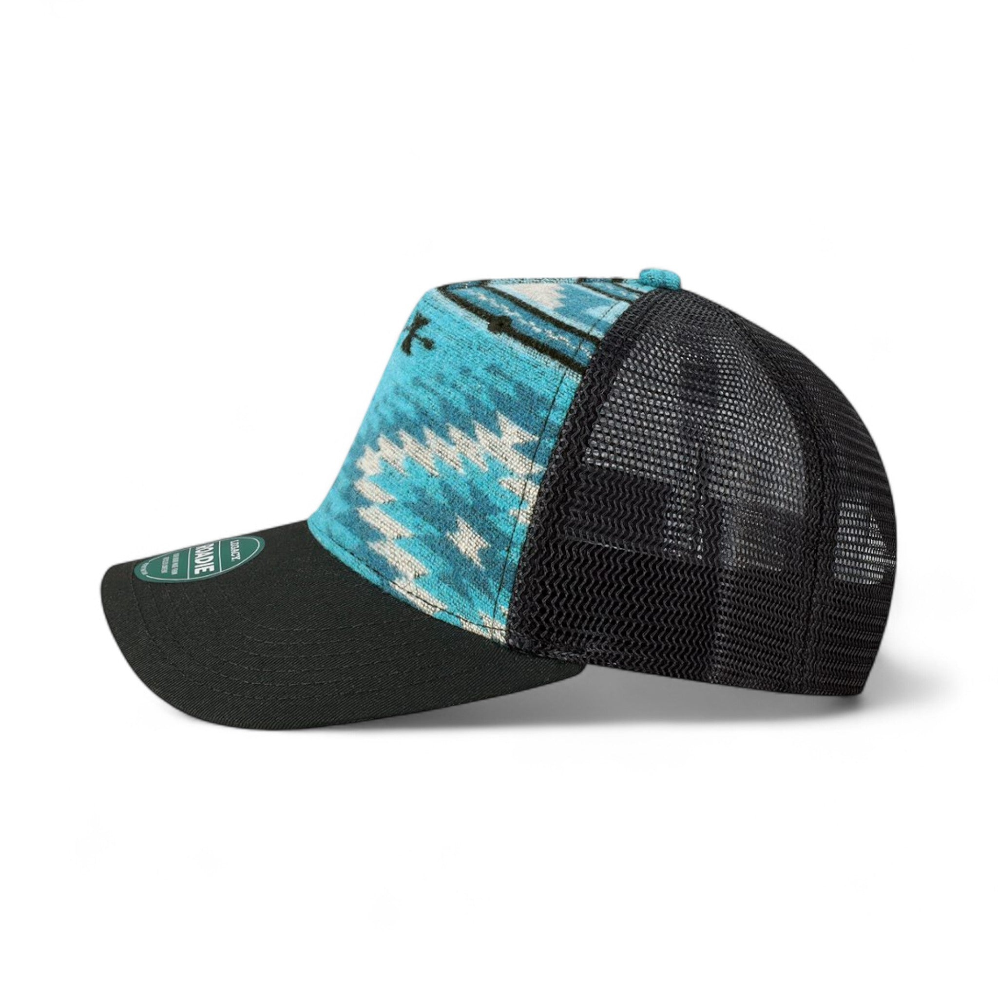 Left side view of Legacy ROADIE custom hat in aqua aztec and  black