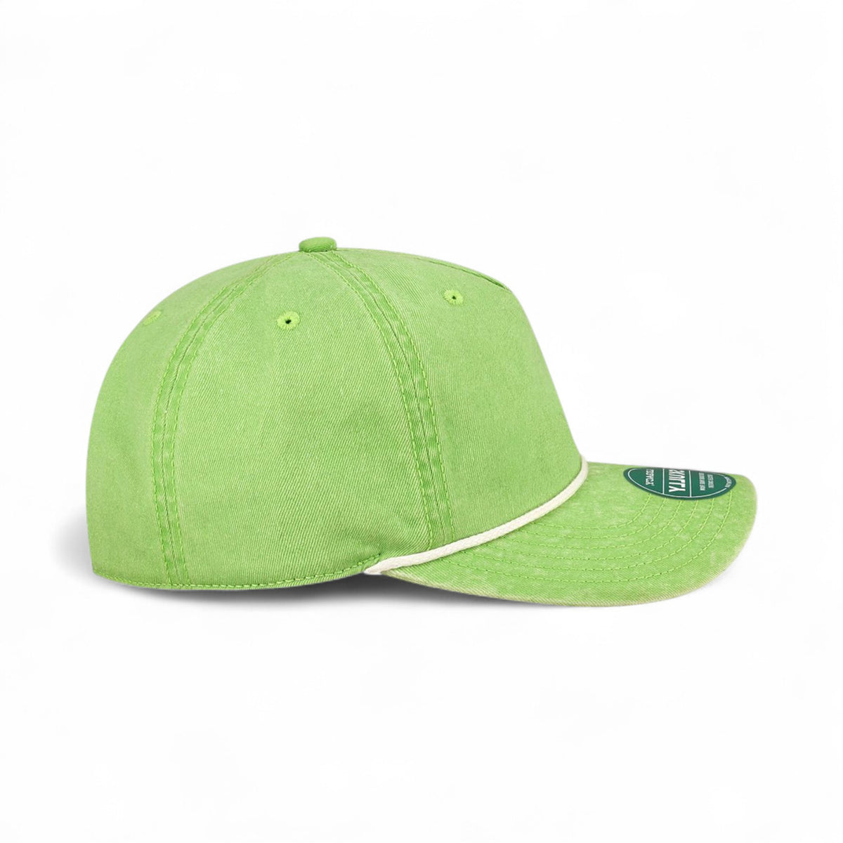 Right side view of Legacy SKULLY custom hat in lime green