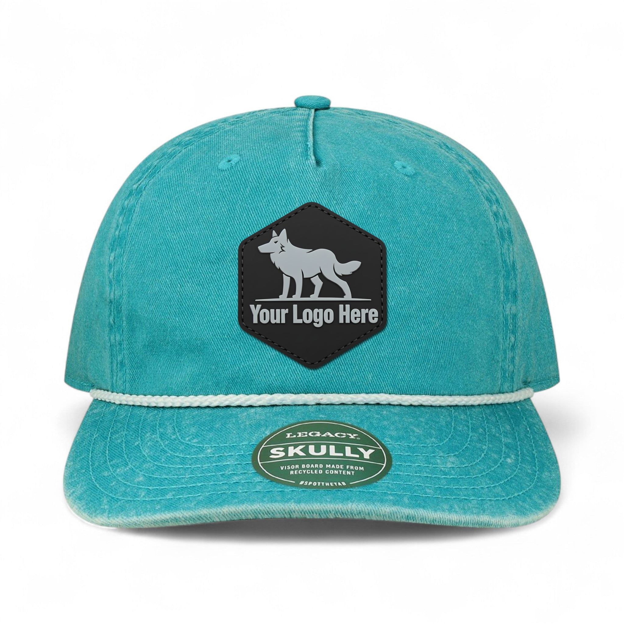 PVC patch preview of Legacy SKULLY custom hat in aqua