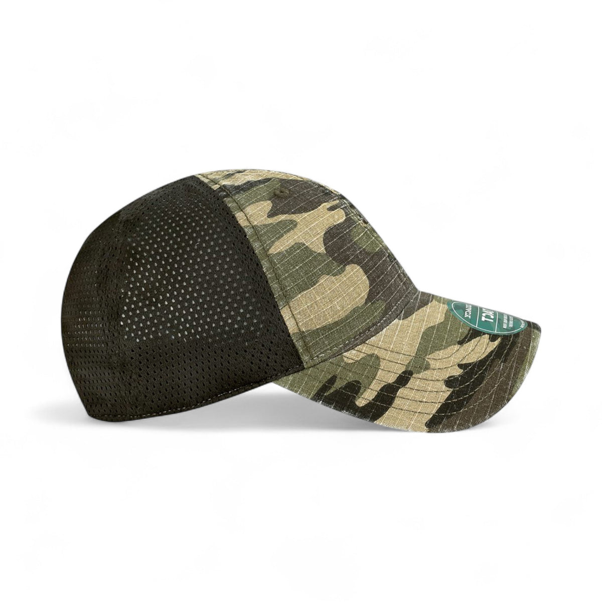 Right side view of Legacy TACT custom hat in army camo and black