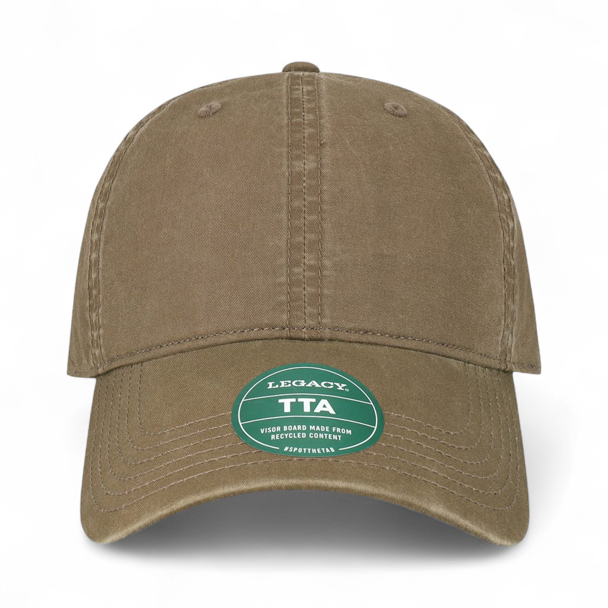 Front view of Legacy TTA custom hat in light brown