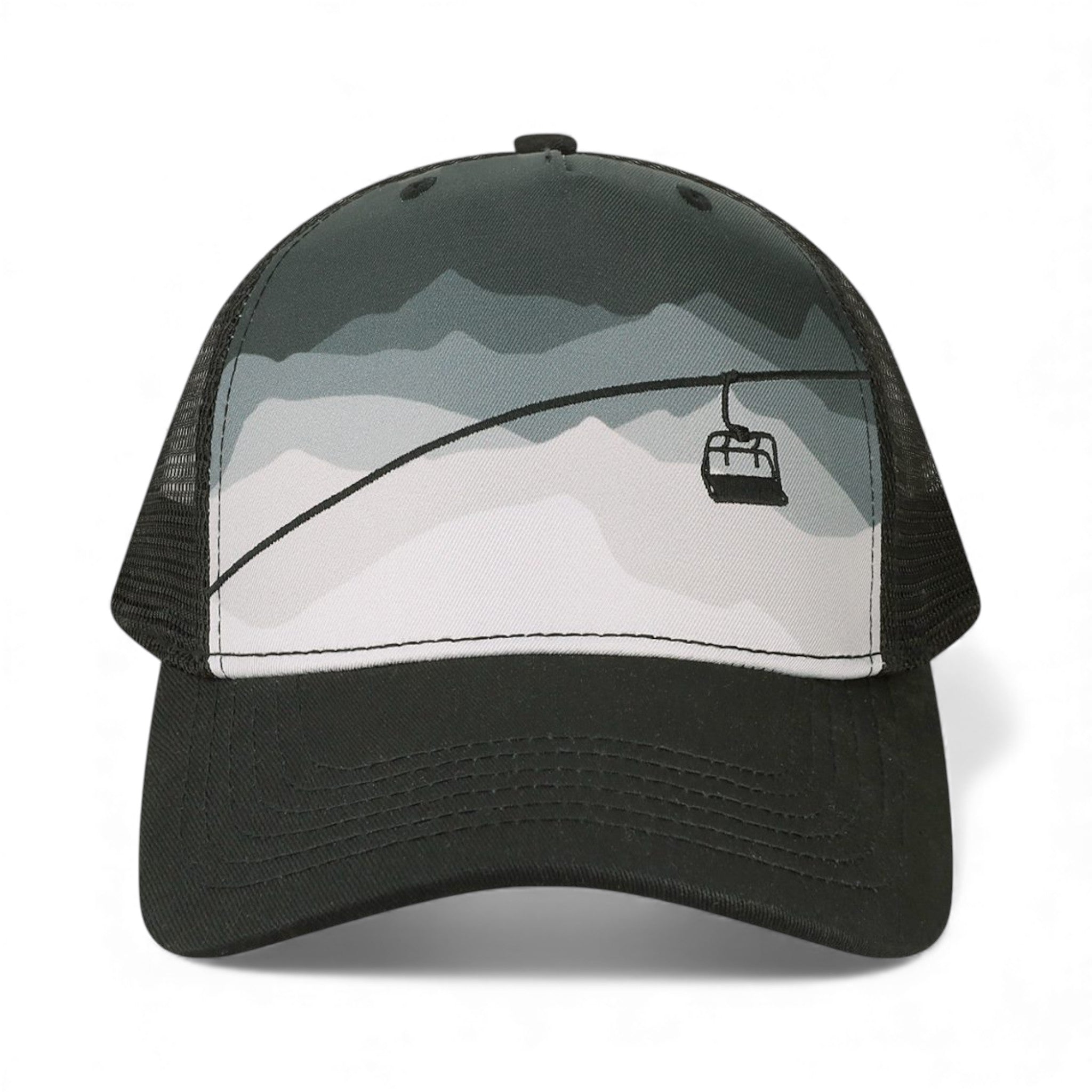 Front view of Locale 5PTKR custom hat in chairlift and black