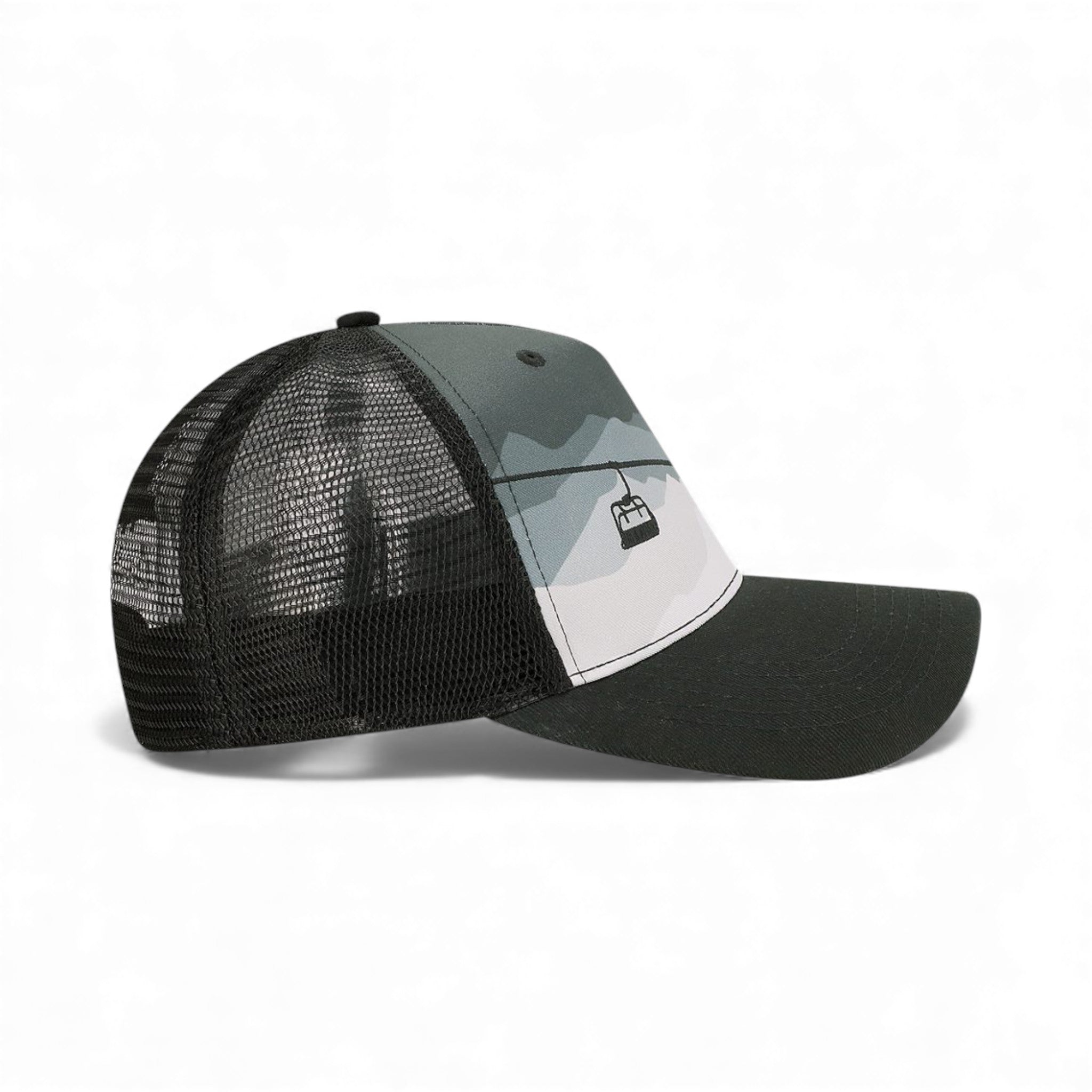 Right side view of Locale 5PTKR custom hat in chairlift and black