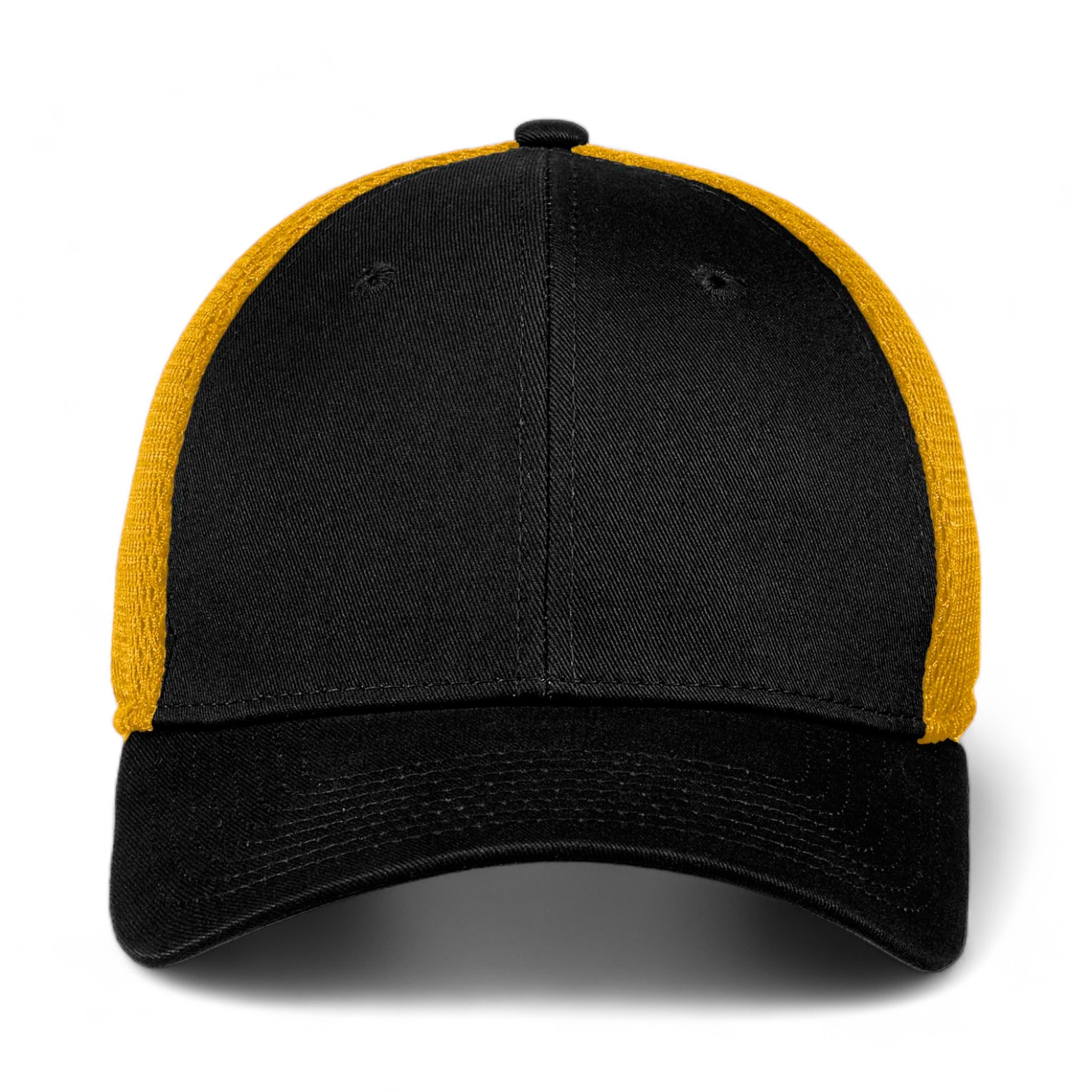 Front view of New Era NE1020 custom hat in black and gold