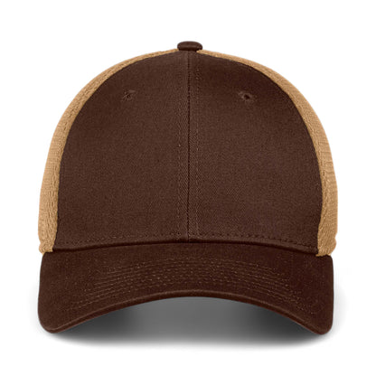 Front view of New Era NE1020 custom hat in chocolate and khaki