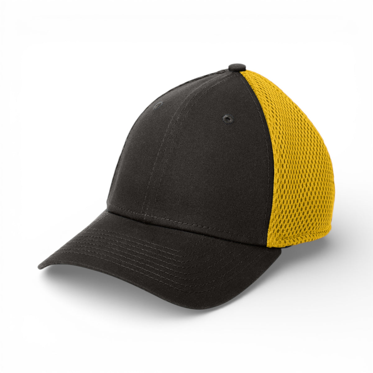 Left side view of New Era NE1020 custom hat in black and gold