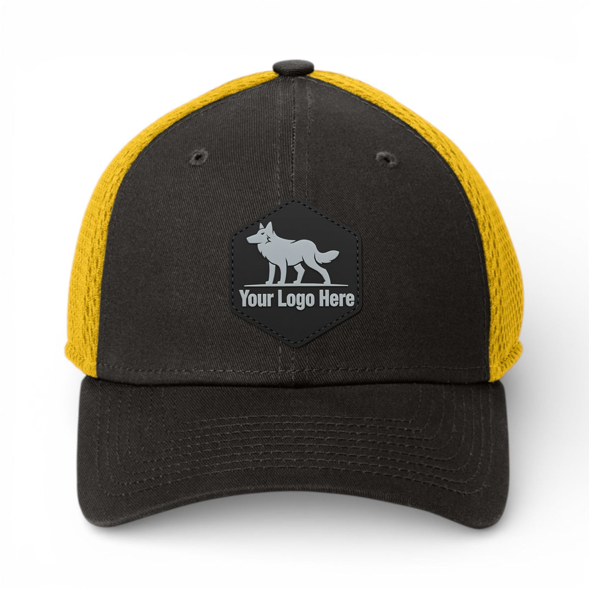 PVC patch preview of New Era NE1020 custom hat in black and gold