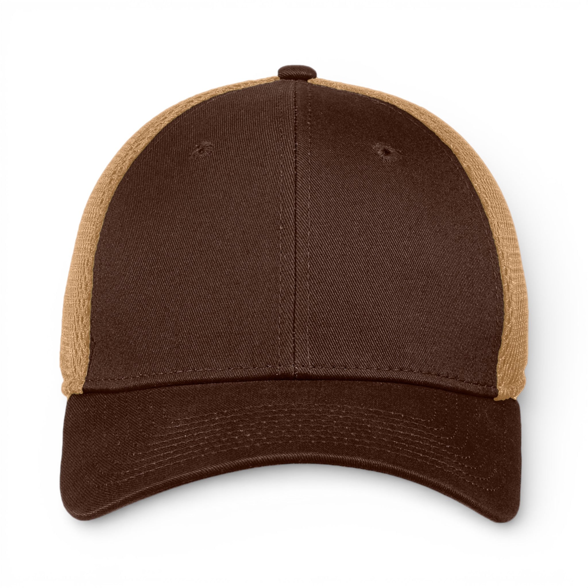 Front view of New Era NE1020 custom hat in chocolate and khaki