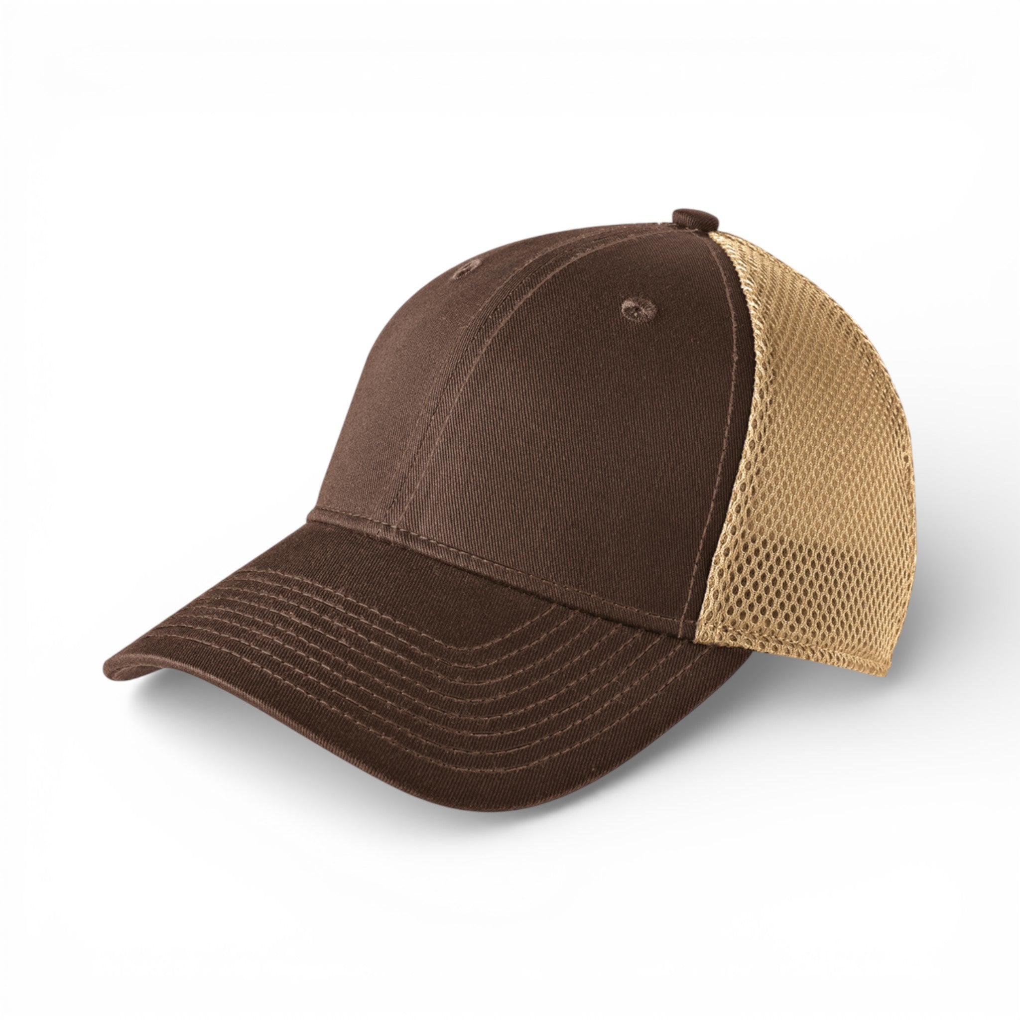 Left side view of New Era NE1020 custom hat in chocolate and khaki