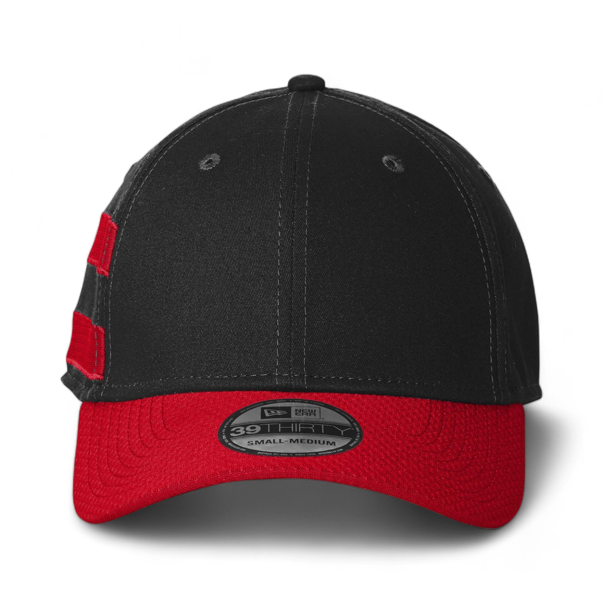Front view of New Era NE1122 custom hat in black and scarlet
