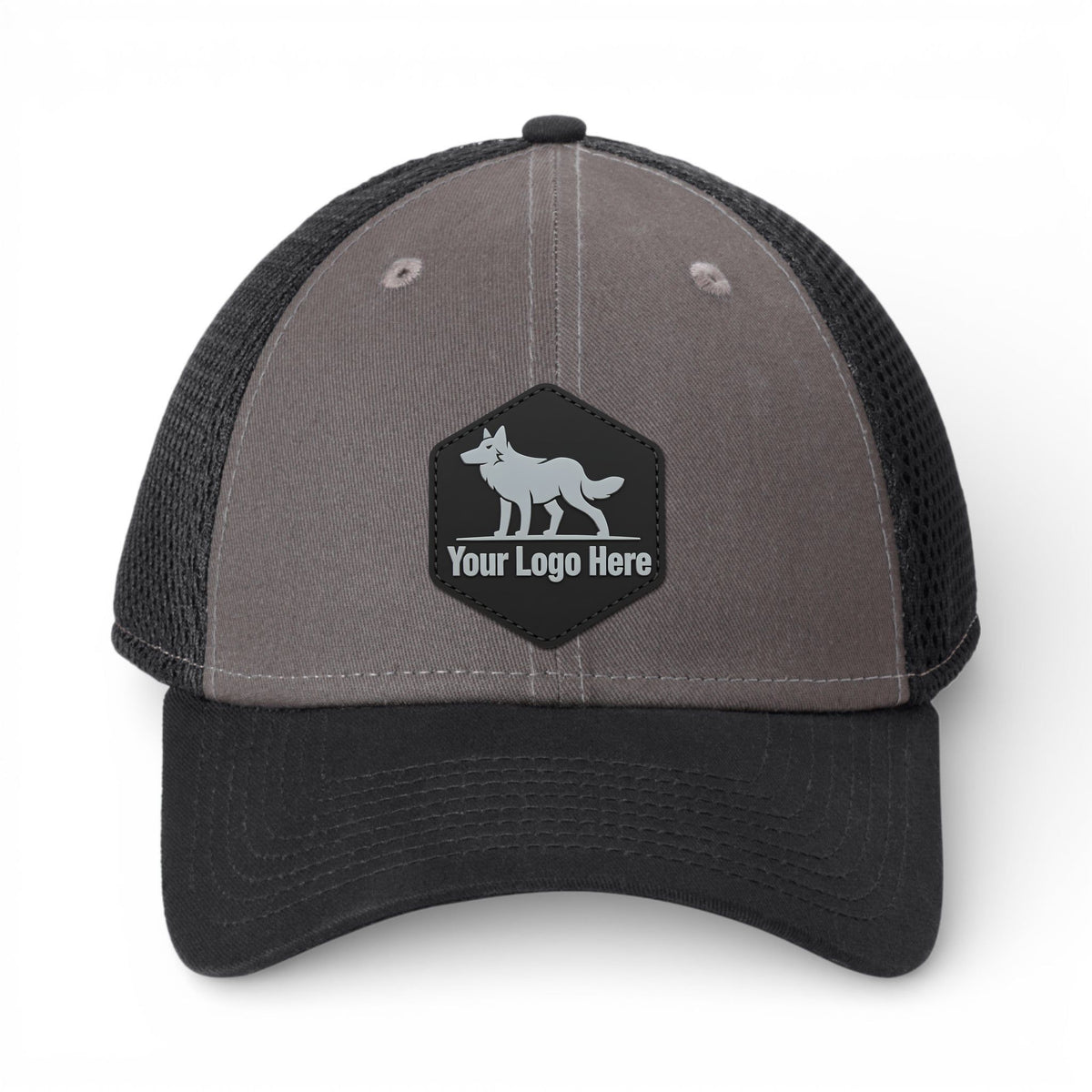 PVC patch preview of New Era NE204 custom hat in charcoal and black