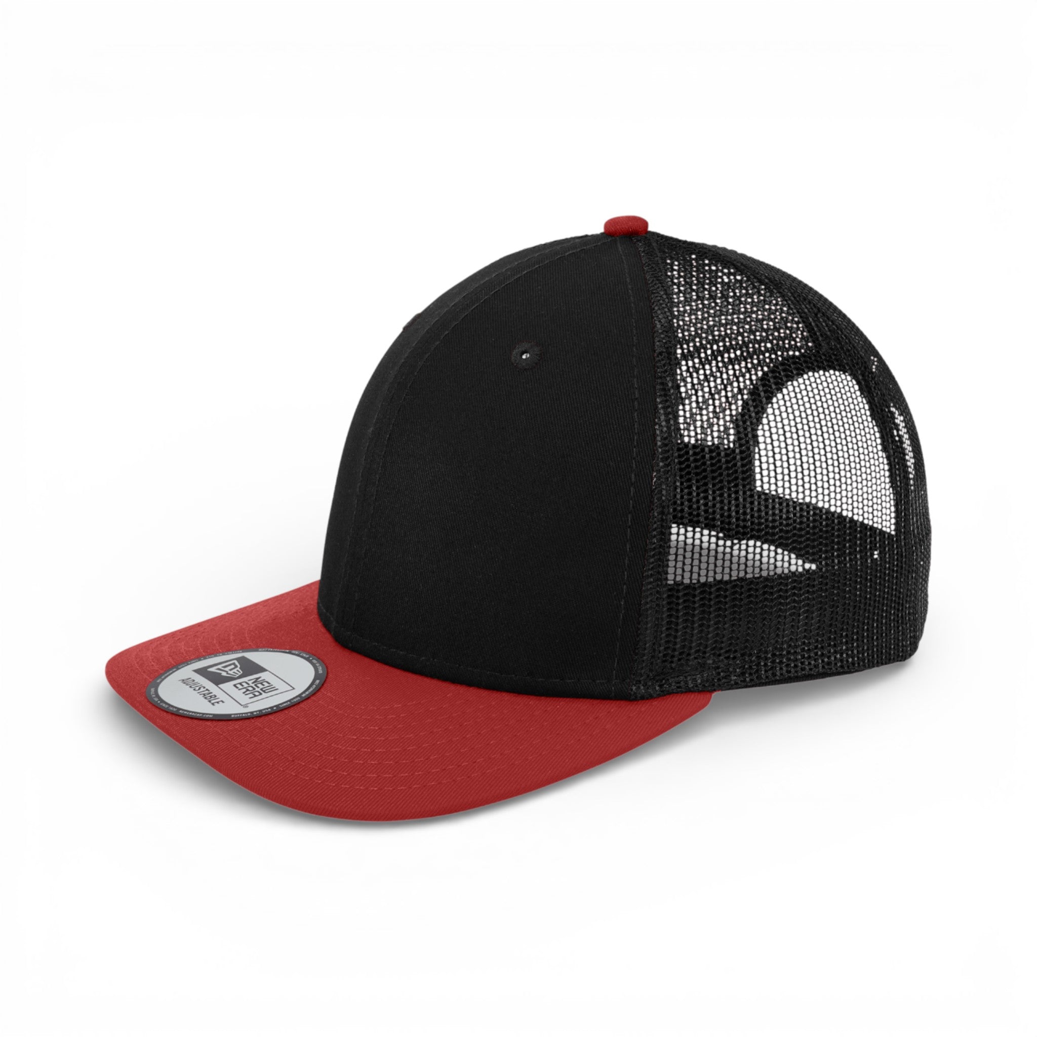 Left side view of New Era NE207 custom hat in black and scarlet