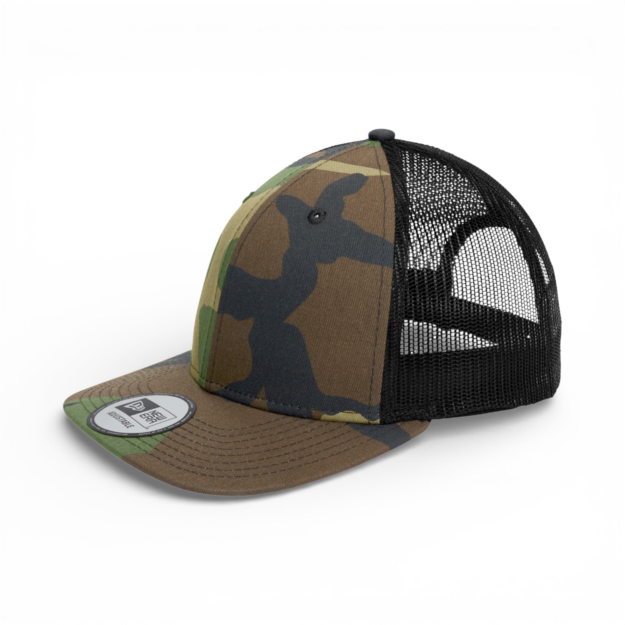 Left side view of New Era NE207 custom hat in camo and black