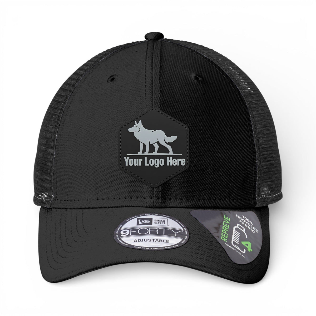 PVC patch preview of New Era NE208 custom hat in black