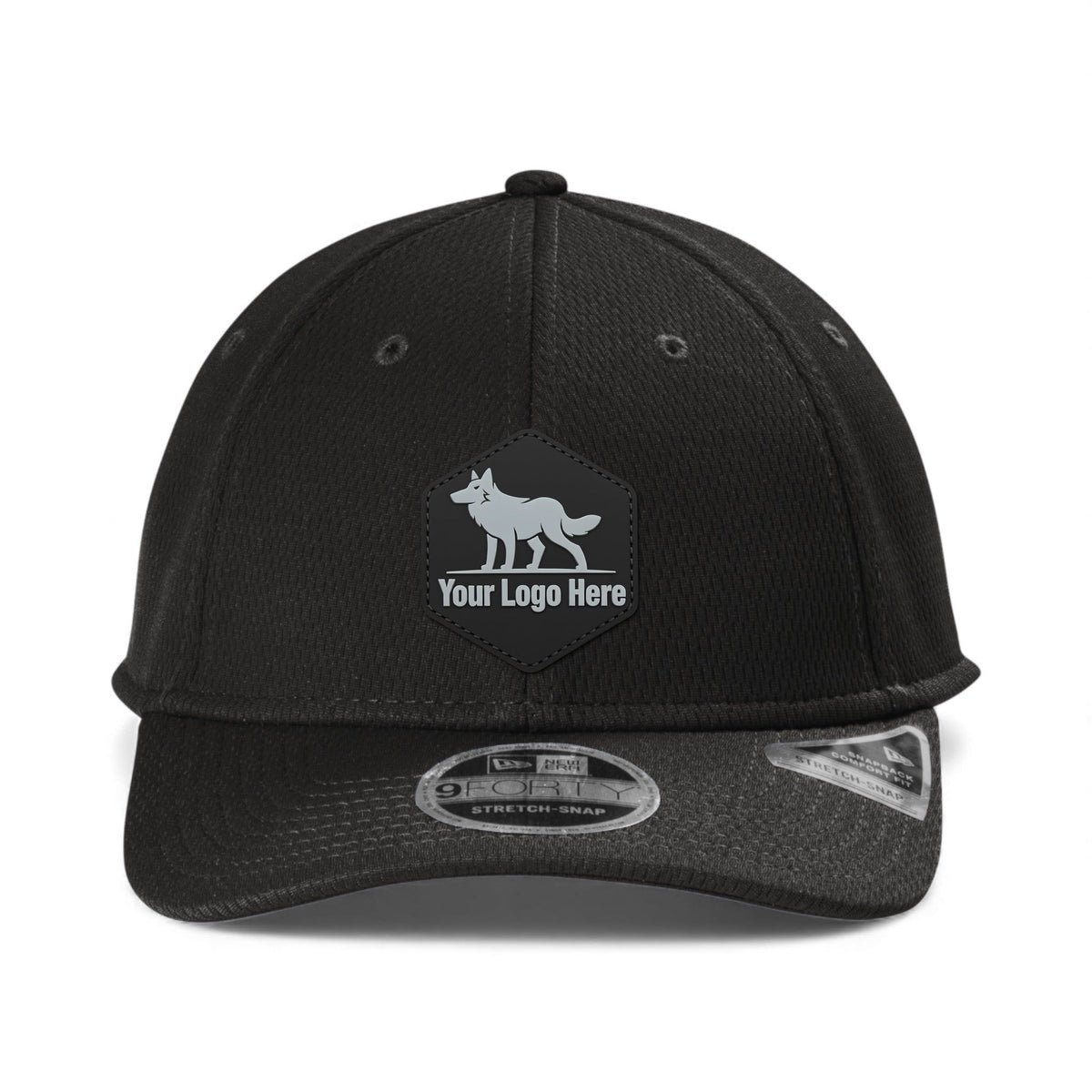 PVC patch preview of New Era NE209 custom hat in black