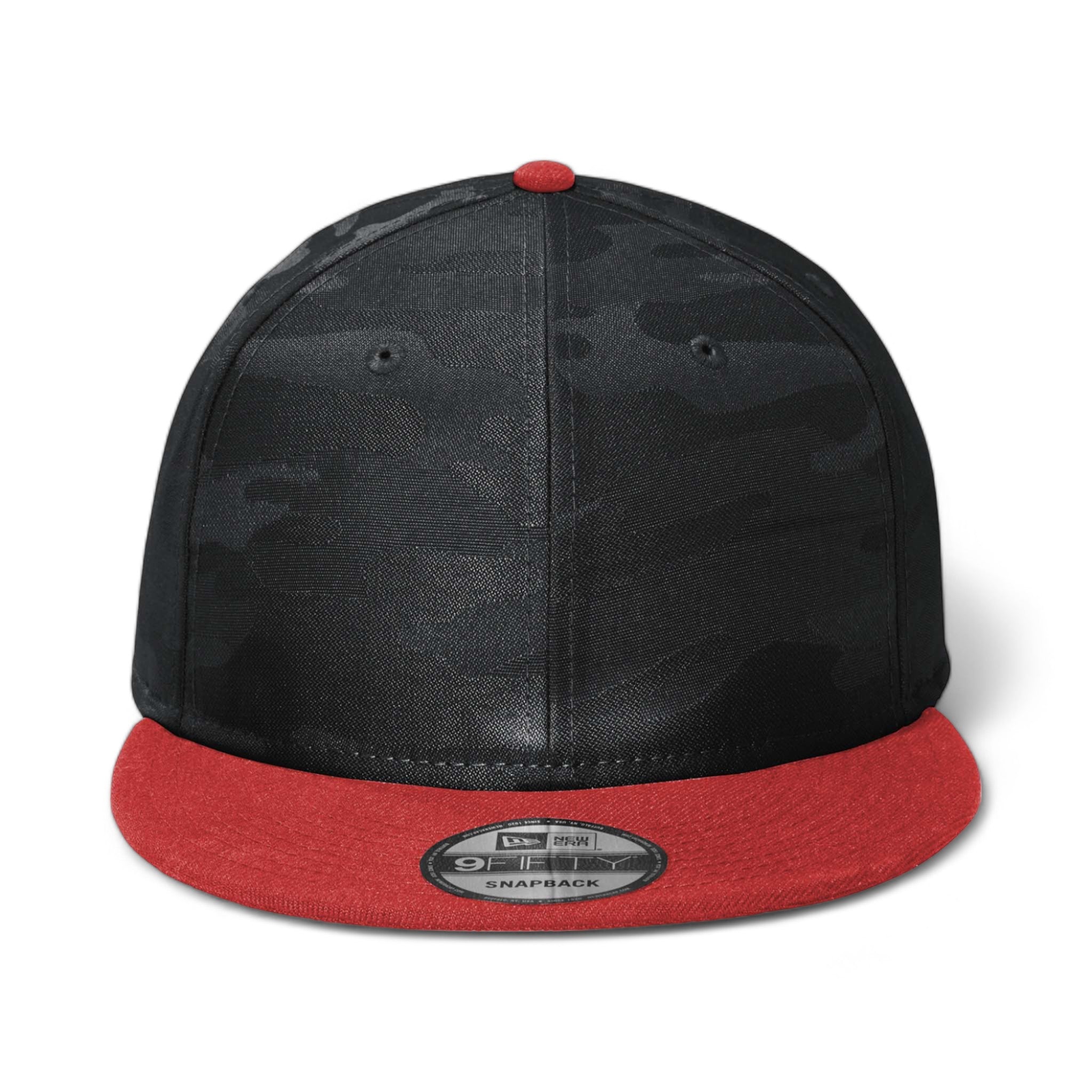 Front view of New Era NE407 custom hat in scarlet and black camo