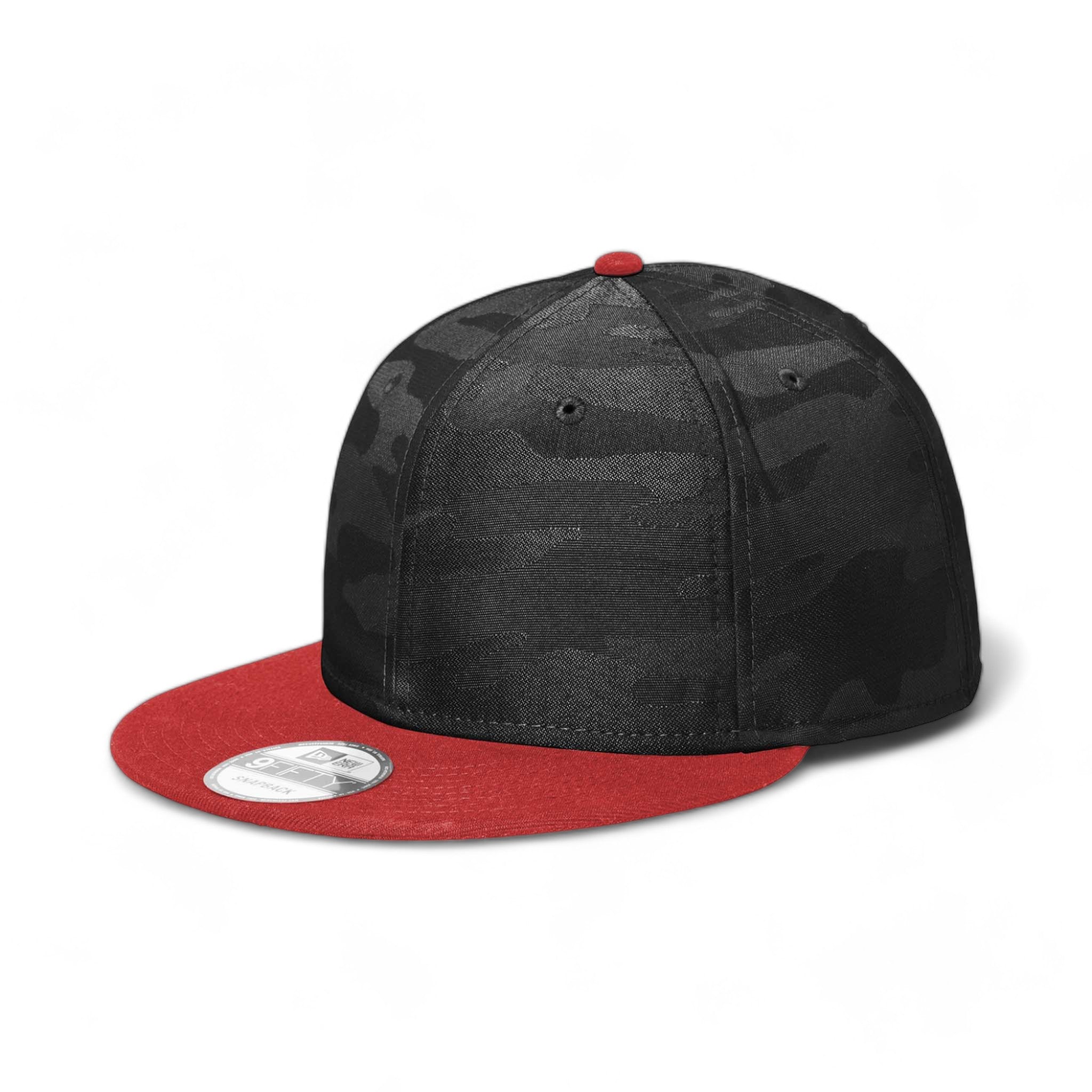Side view of New Era NE407 custom hat in scarlet and black camo