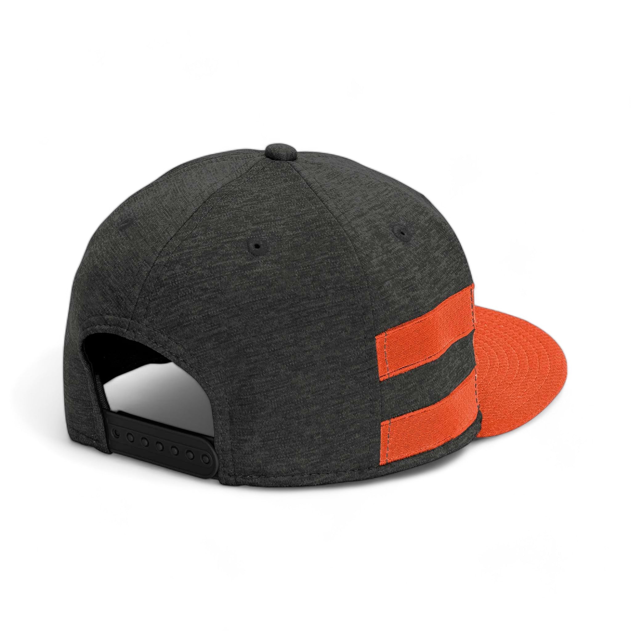 Back view of New Era NE408 custom hat in black shadow heather and deep orange