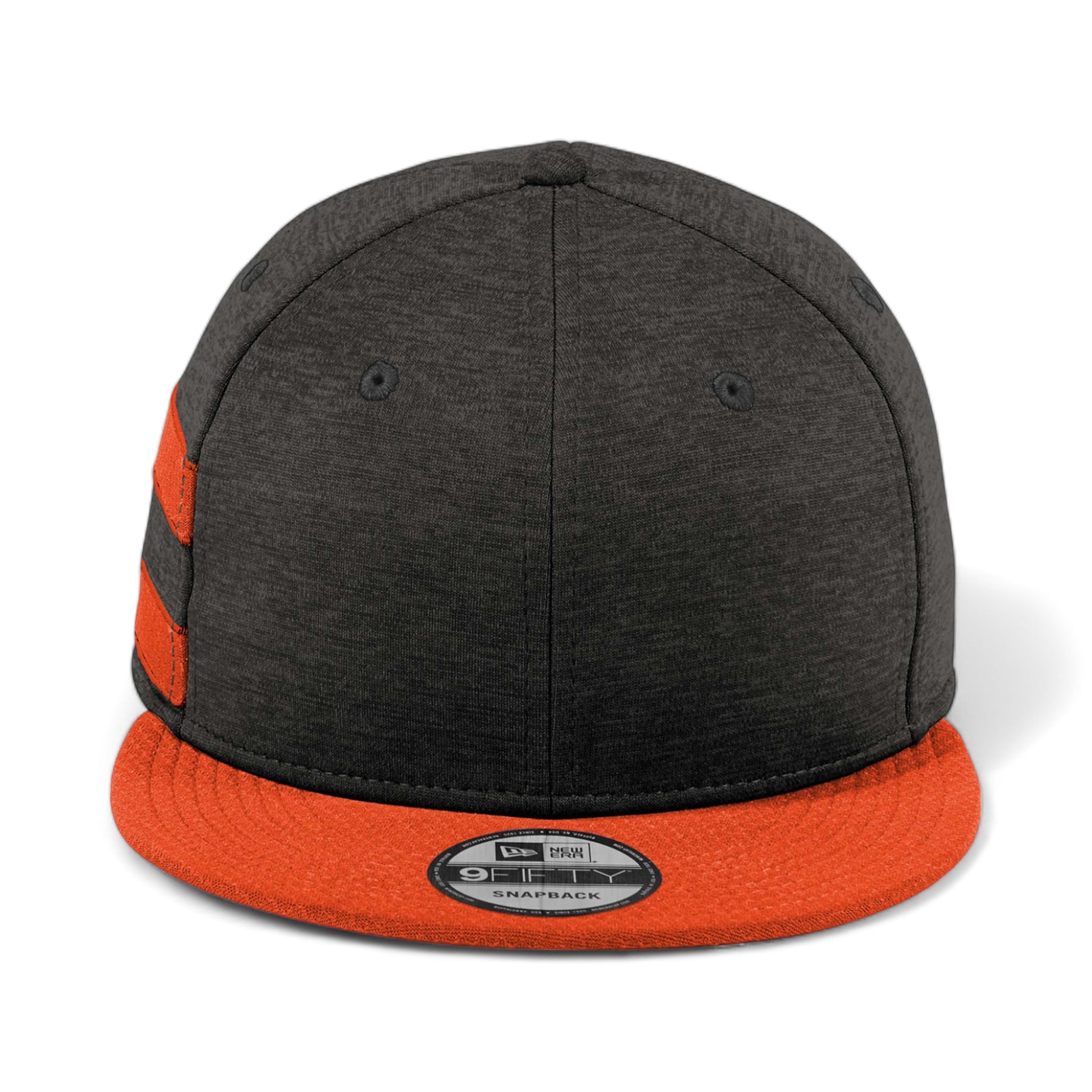 Front view of New Era NE408 custom hat in black shadow heather and deep orange