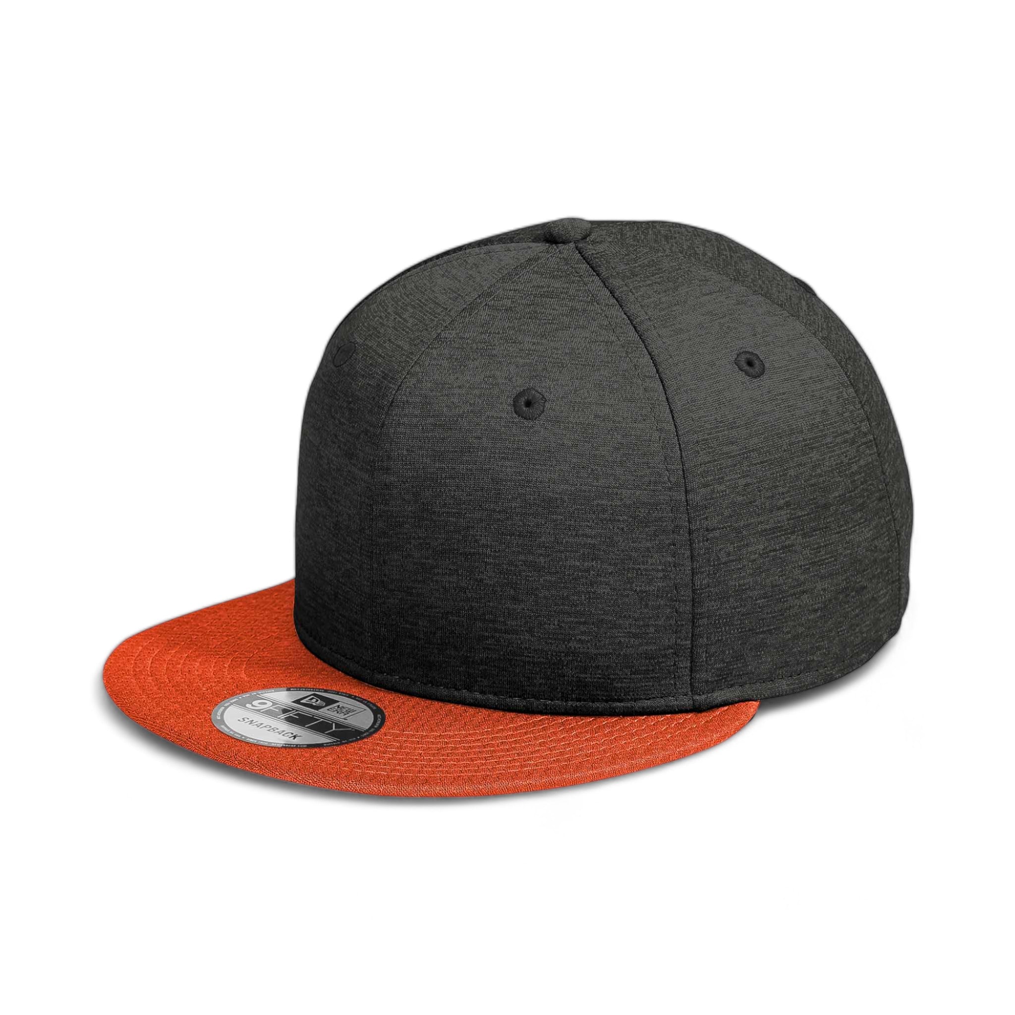 Side view of New Era NE408 custom hat in black shadow heather and deep orange