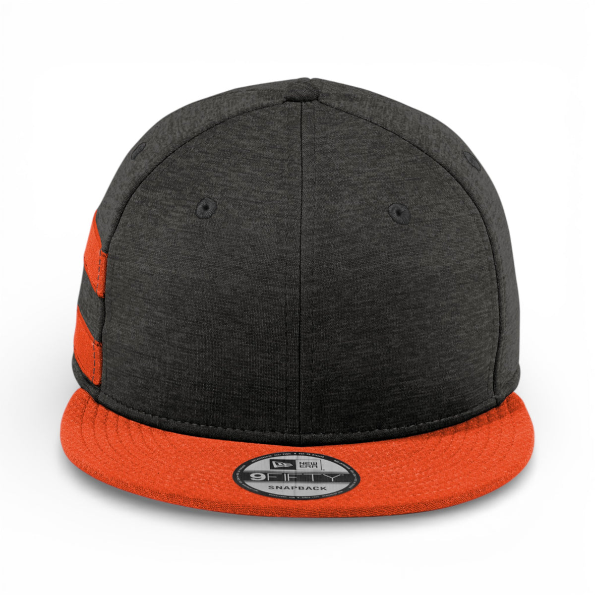 Front view of New Era NE408 custom hat in black shadow heather and deep orange