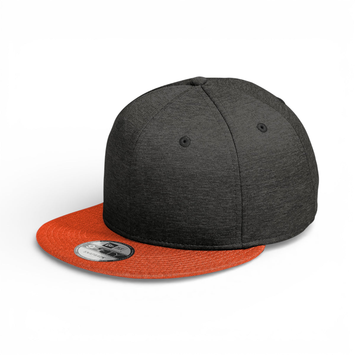 Left side view of New Era NE408 custom hat in black shadow heather and deep orange
