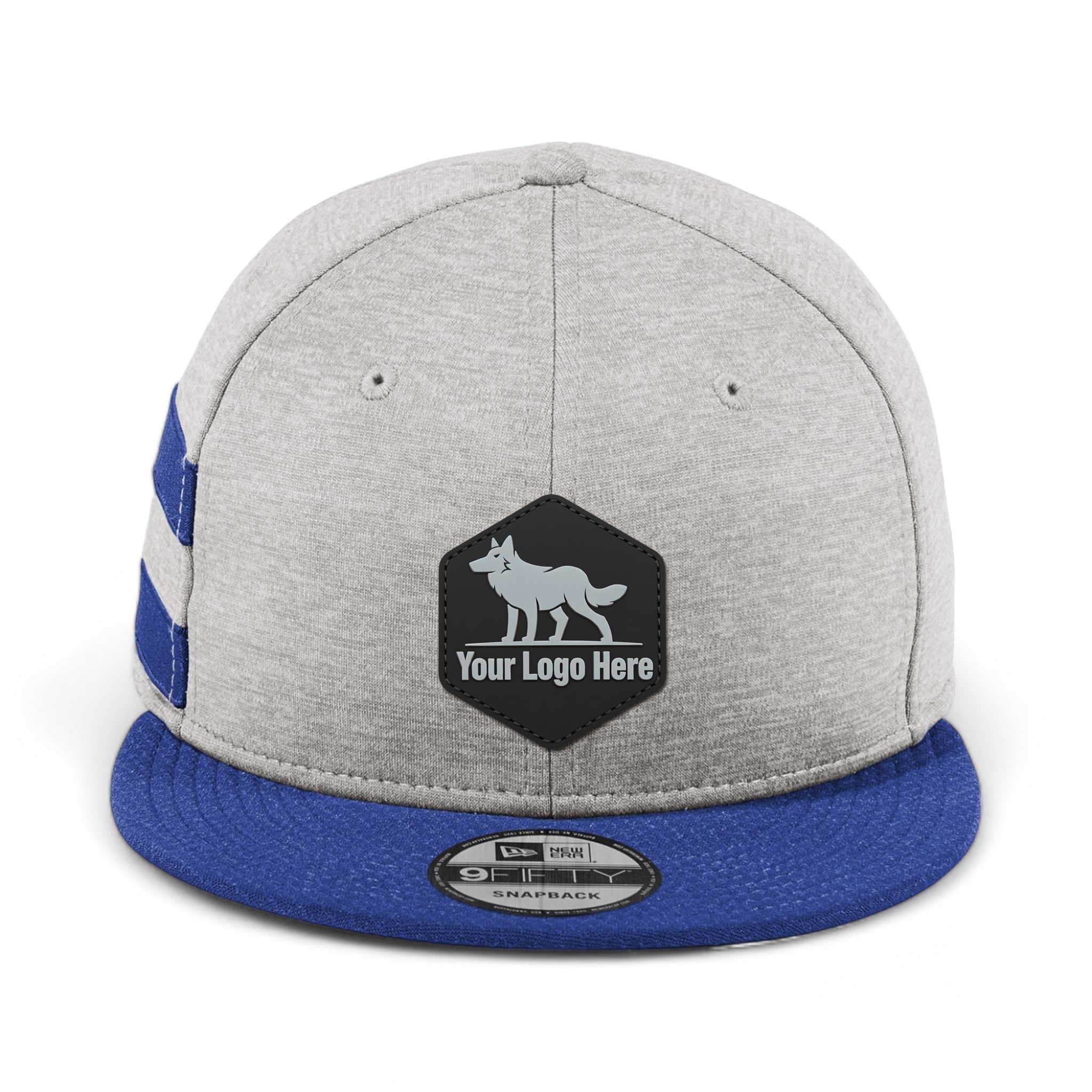 PVC patch preview of New Era NE408 custom hat in shadow heather and royal