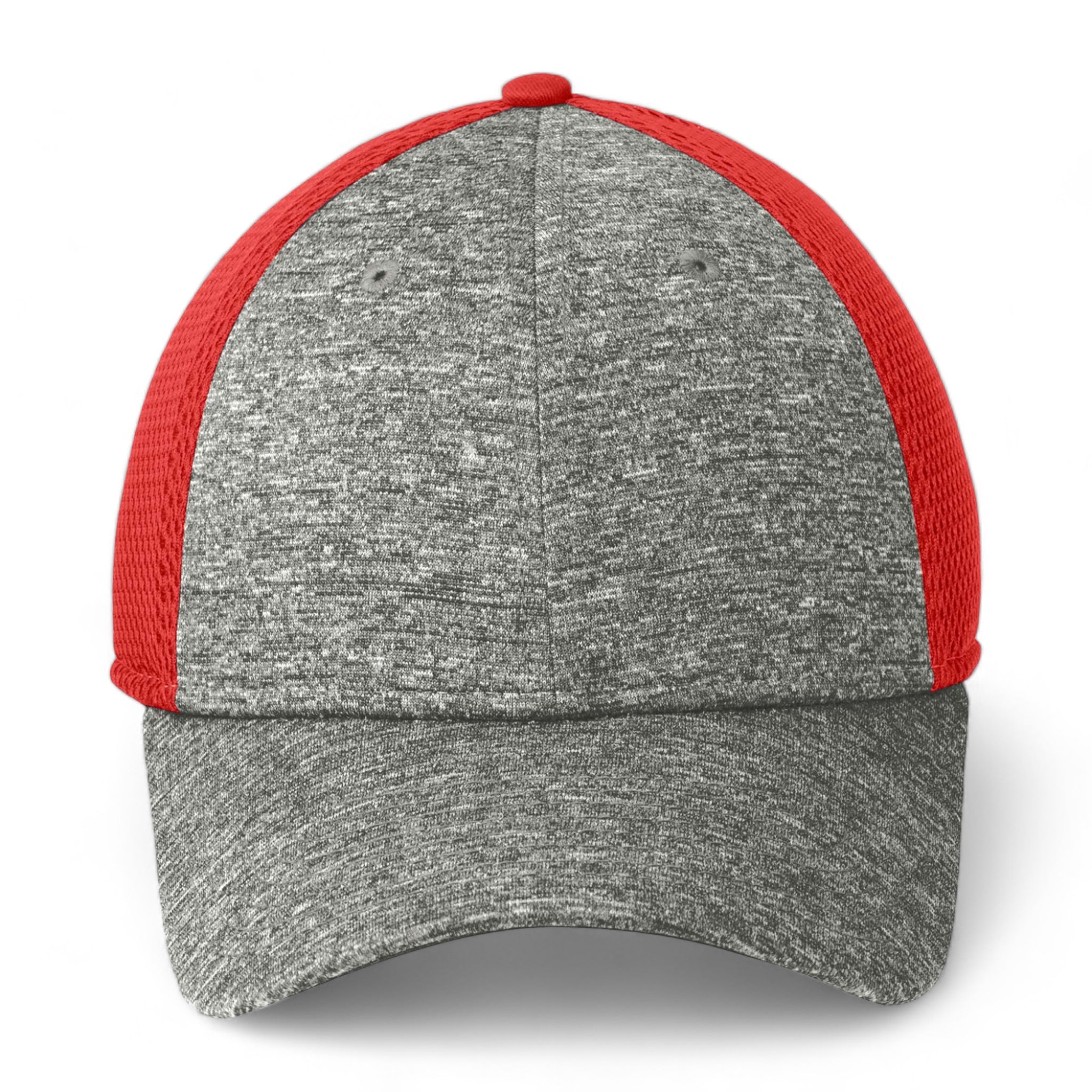 Front view of New Era NE702 custom hat in scarlet red and shadow heather