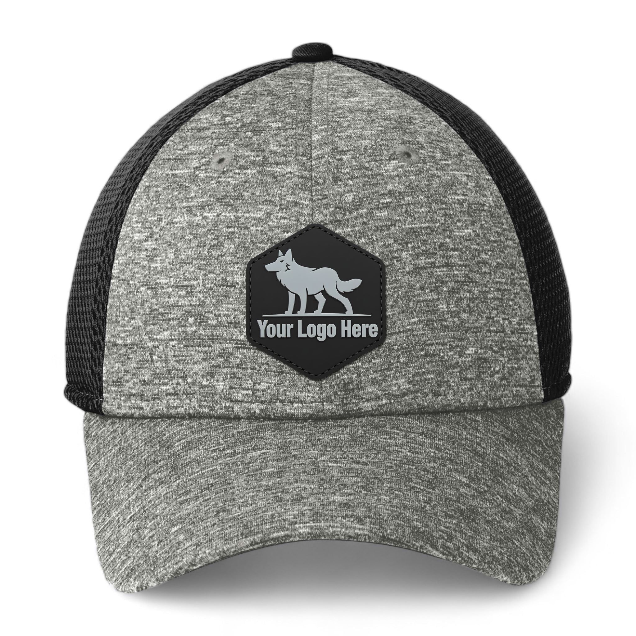 PVC patch preview of New Era NE702 custom hat in black and shadow heather