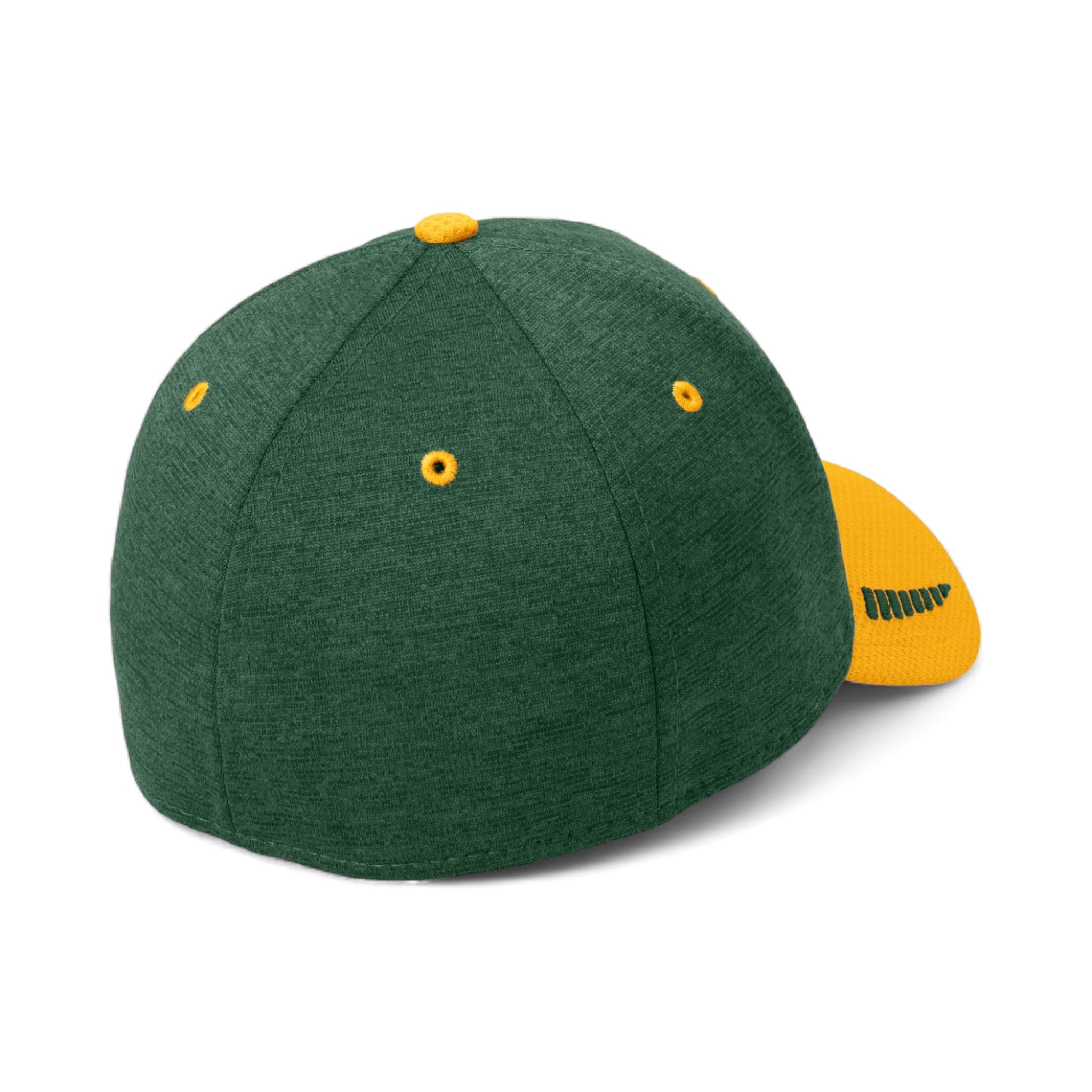 Back view of New Era NE704 custom hat in gold and dark green shadow heather