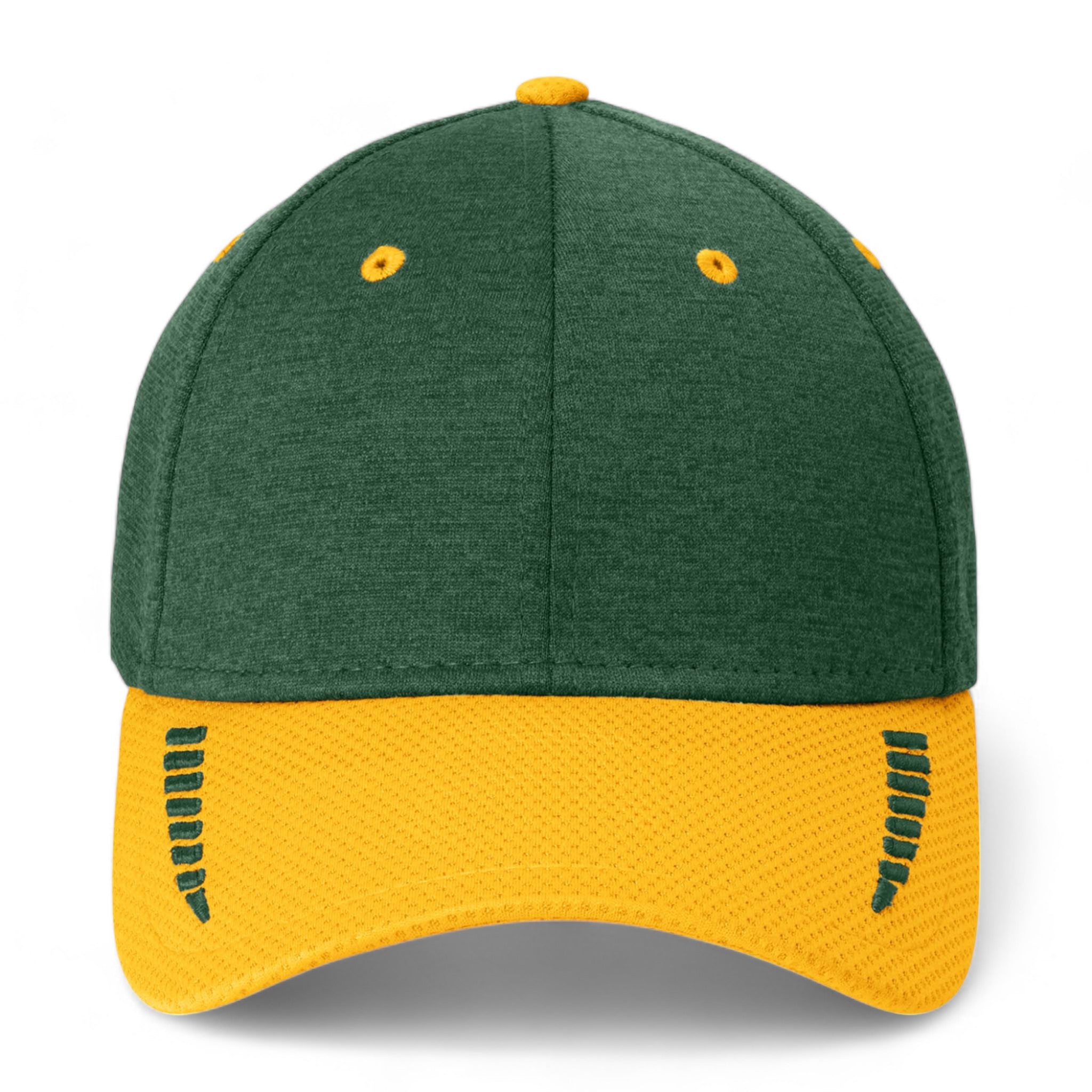Front view of New Era NE704 custom hat in gold and dark green shadow heather