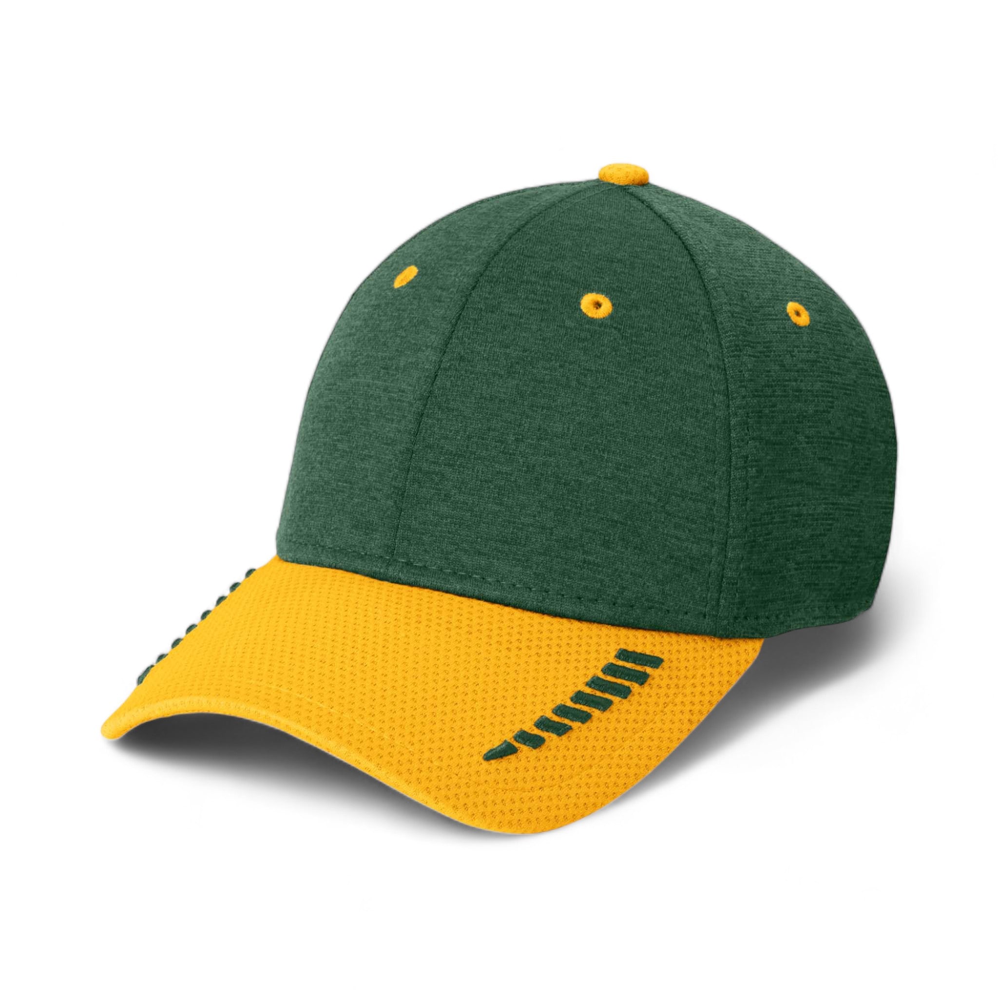 Side view of New Era NE704 custom hat in gold and dark green shadow heather