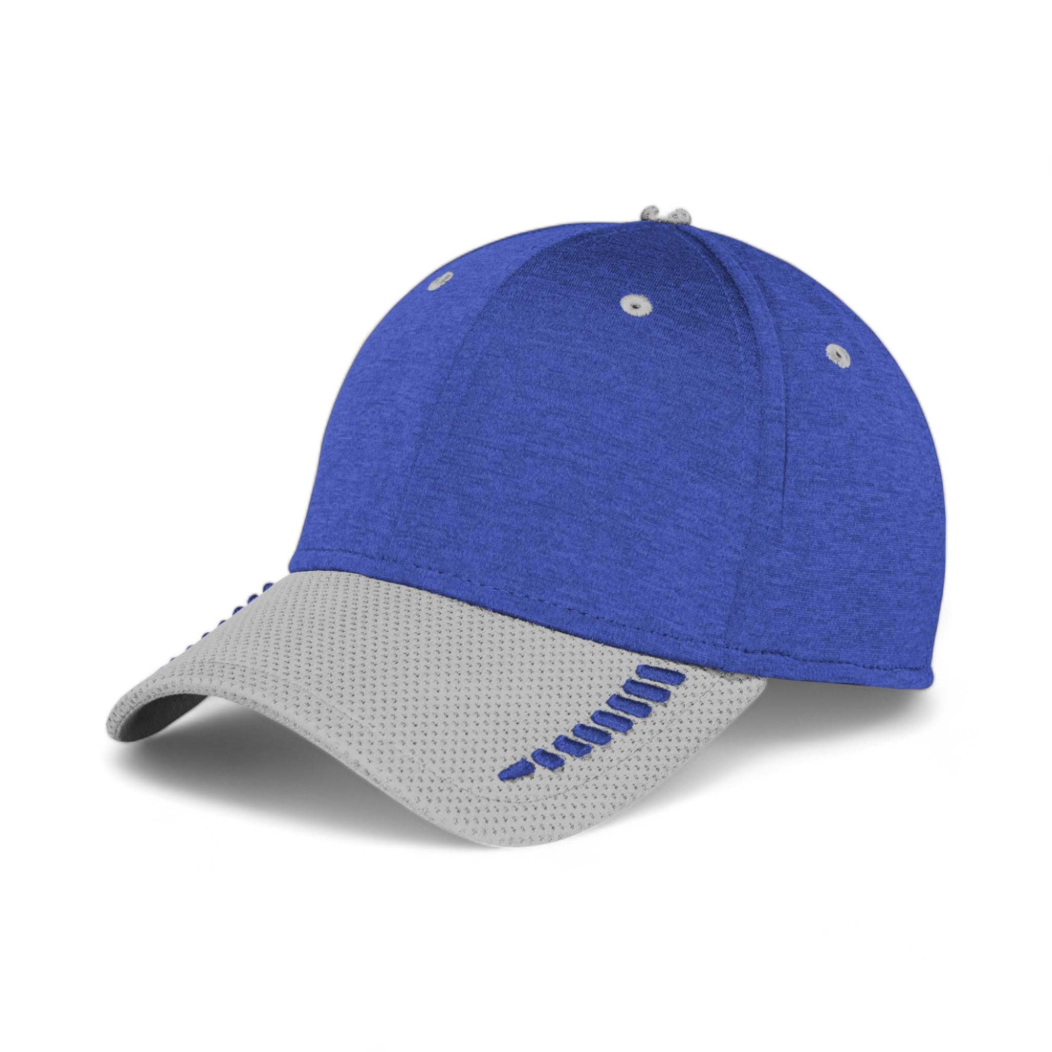 Side view of New Era NE704 custom hat in grey and royal shadow heather