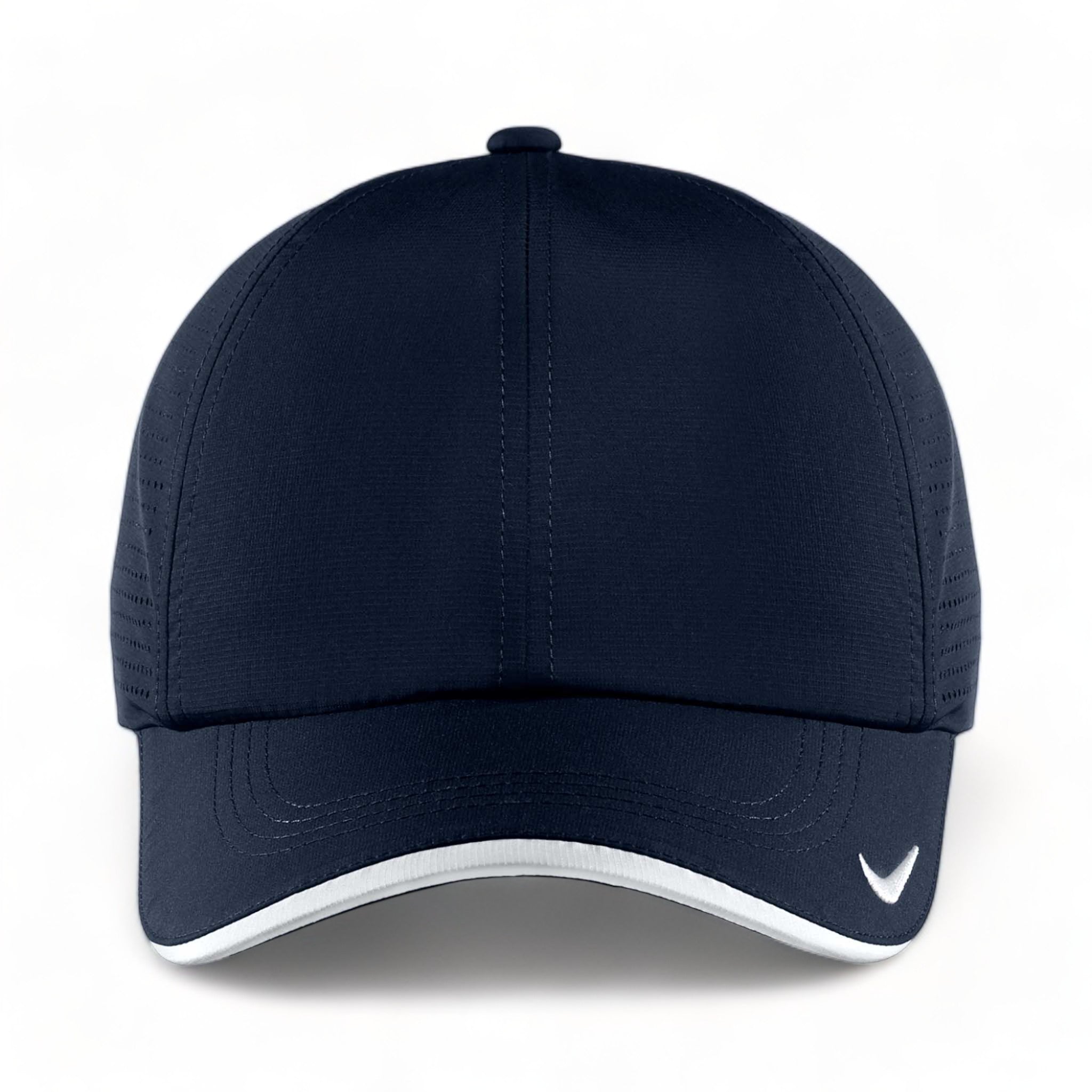 Front view of Nike NKFB6445 custom hat in navy and white