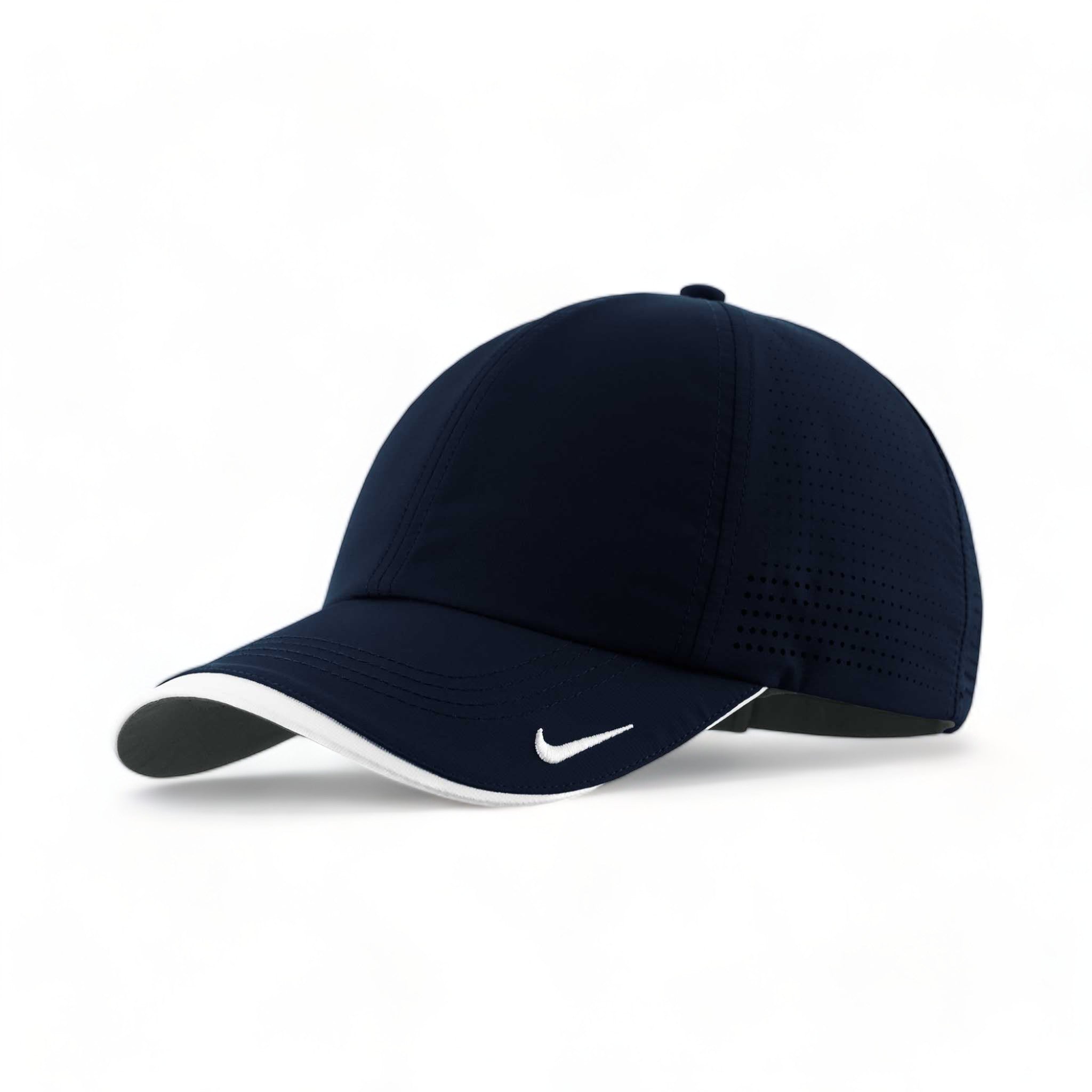 Side view of Nike NKFB6445 custom hat in navy and white