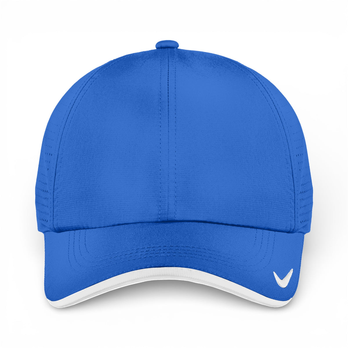 Front view of Nike NKFB6445 custom hat in game royal and white
