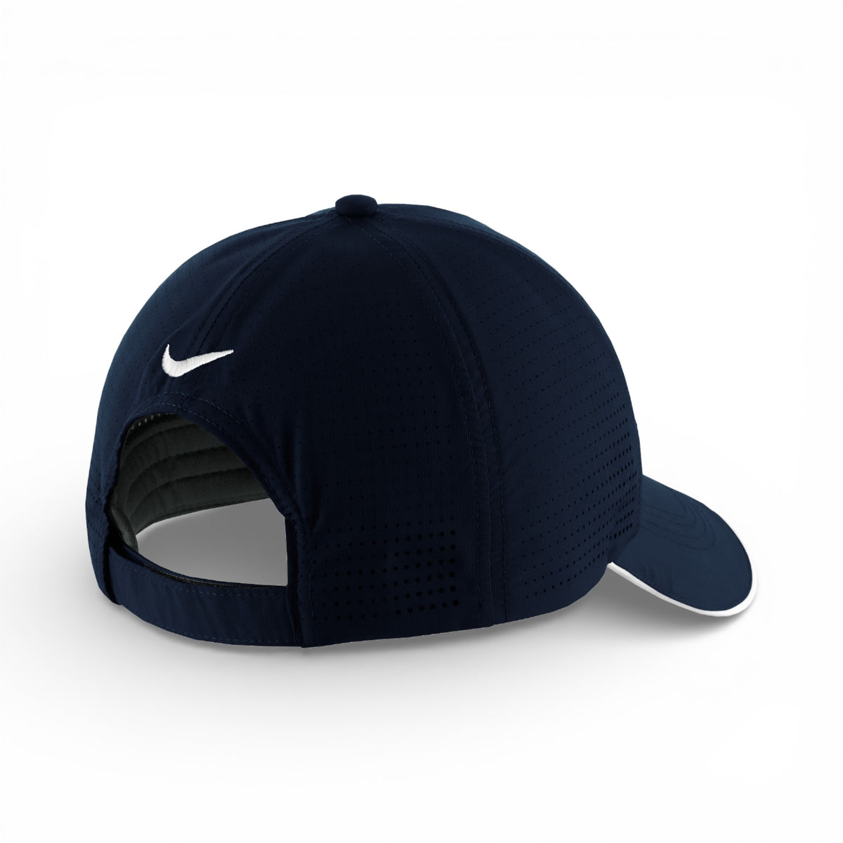 Back view of Nike NKFB6445 custom hat in navy and white