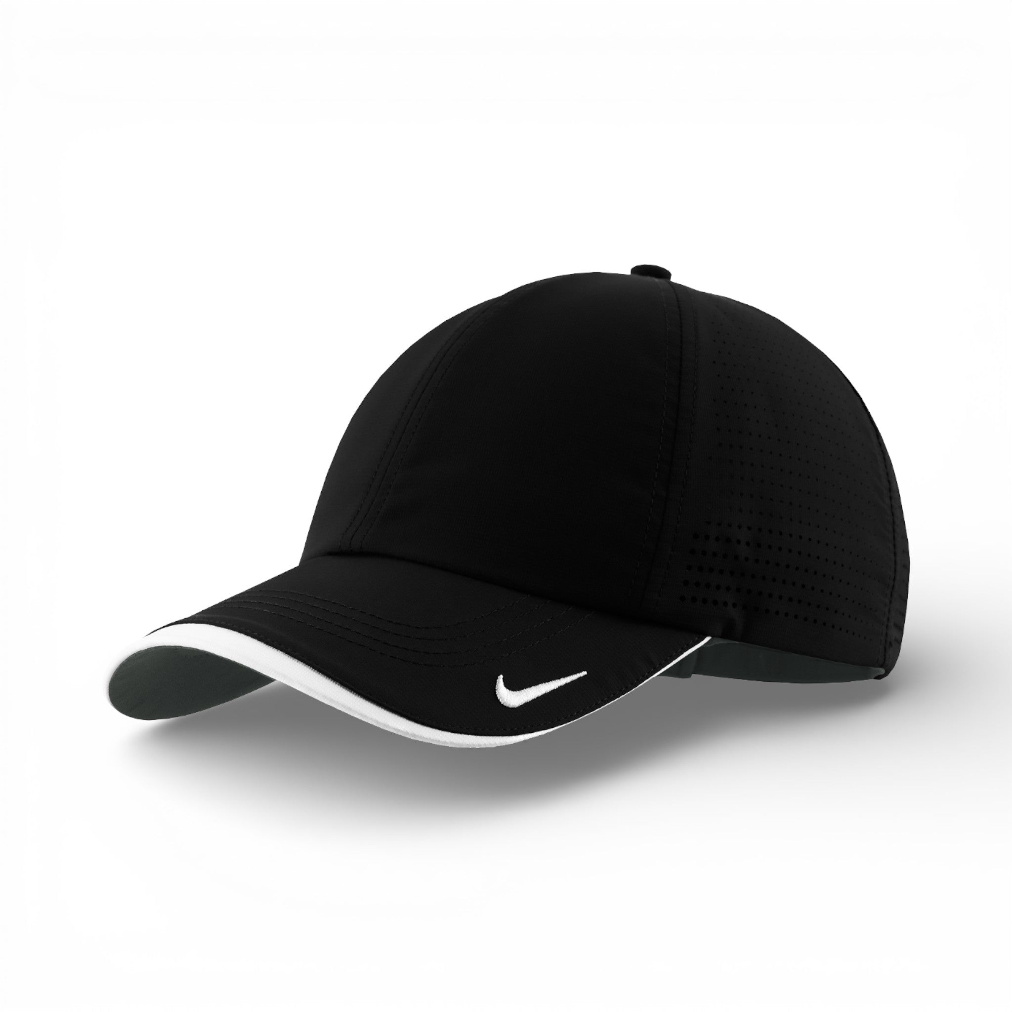 Left side view of Nike NKFB6445 custom hat in black and white