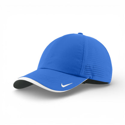 Left side view of Nike NKFB6445 custom hat in game royal and white