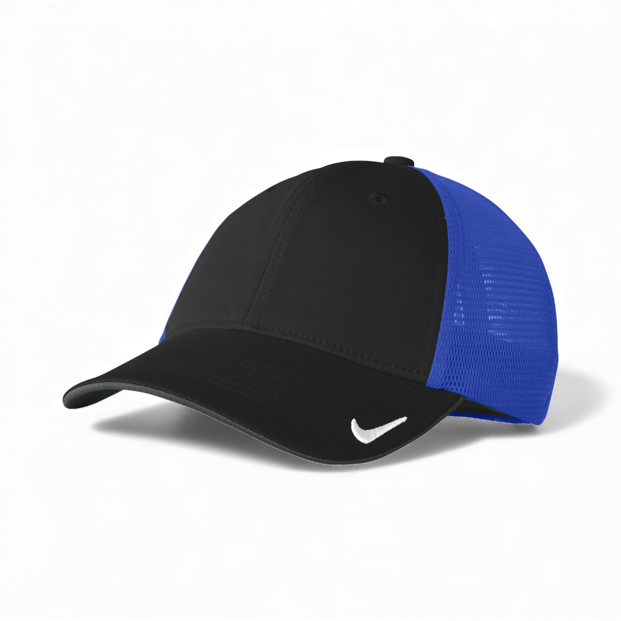 Left side view of Nike NKFB6448 custom hat in black and game royal