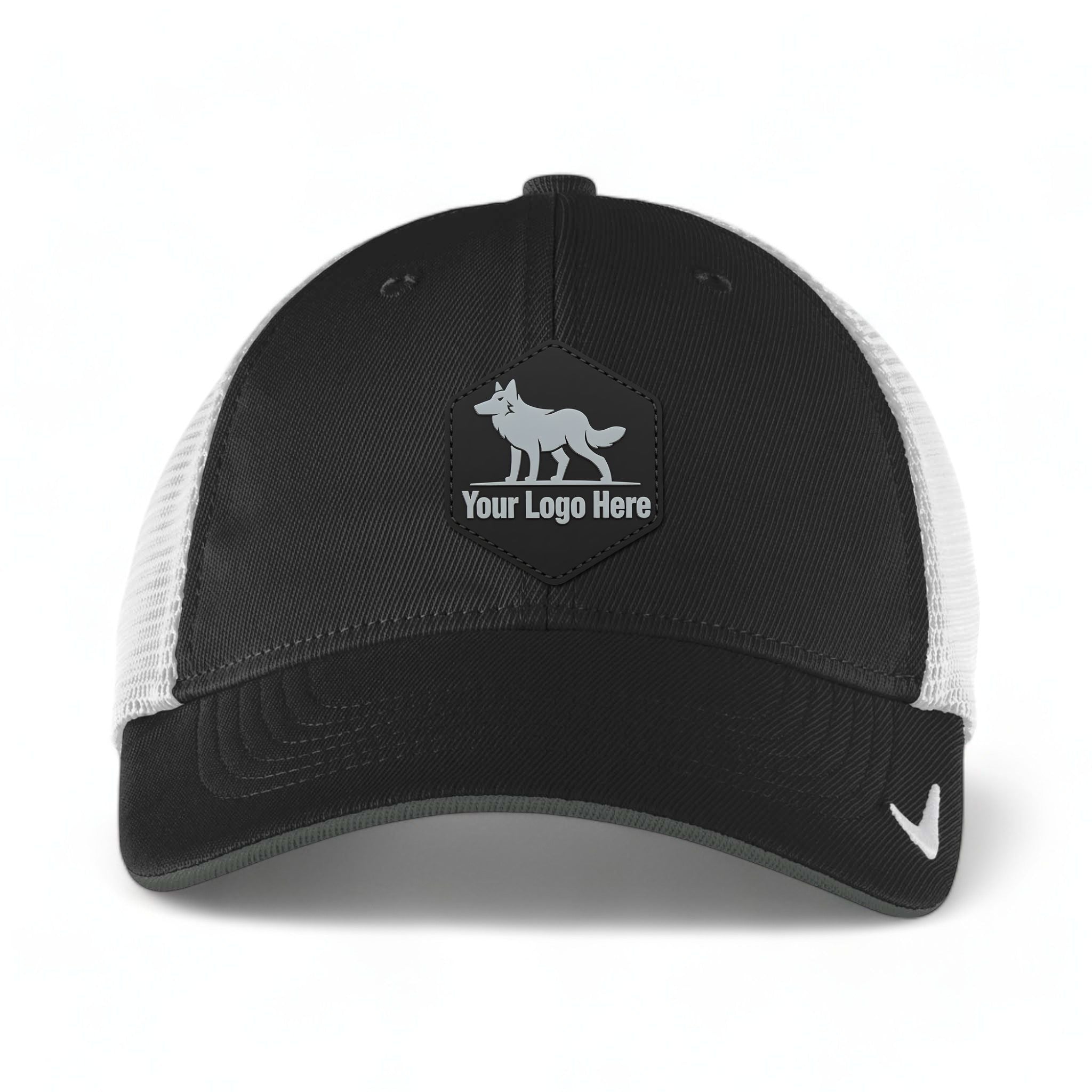 PVC patch preview of Nike NKFB6448 custom hat in black and white