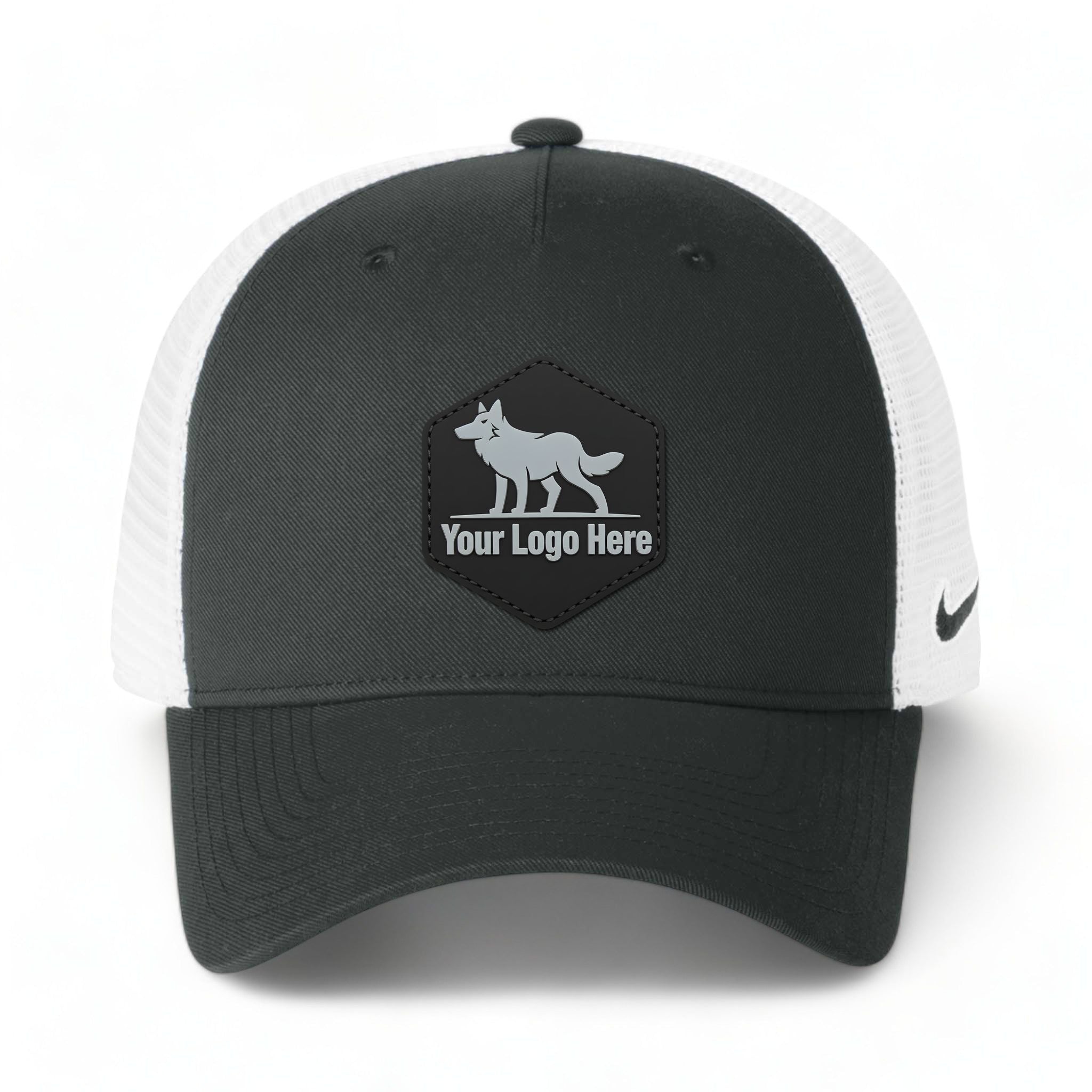 PVC patch preview of Nike NKFN9893 custom hat in anthracite and white