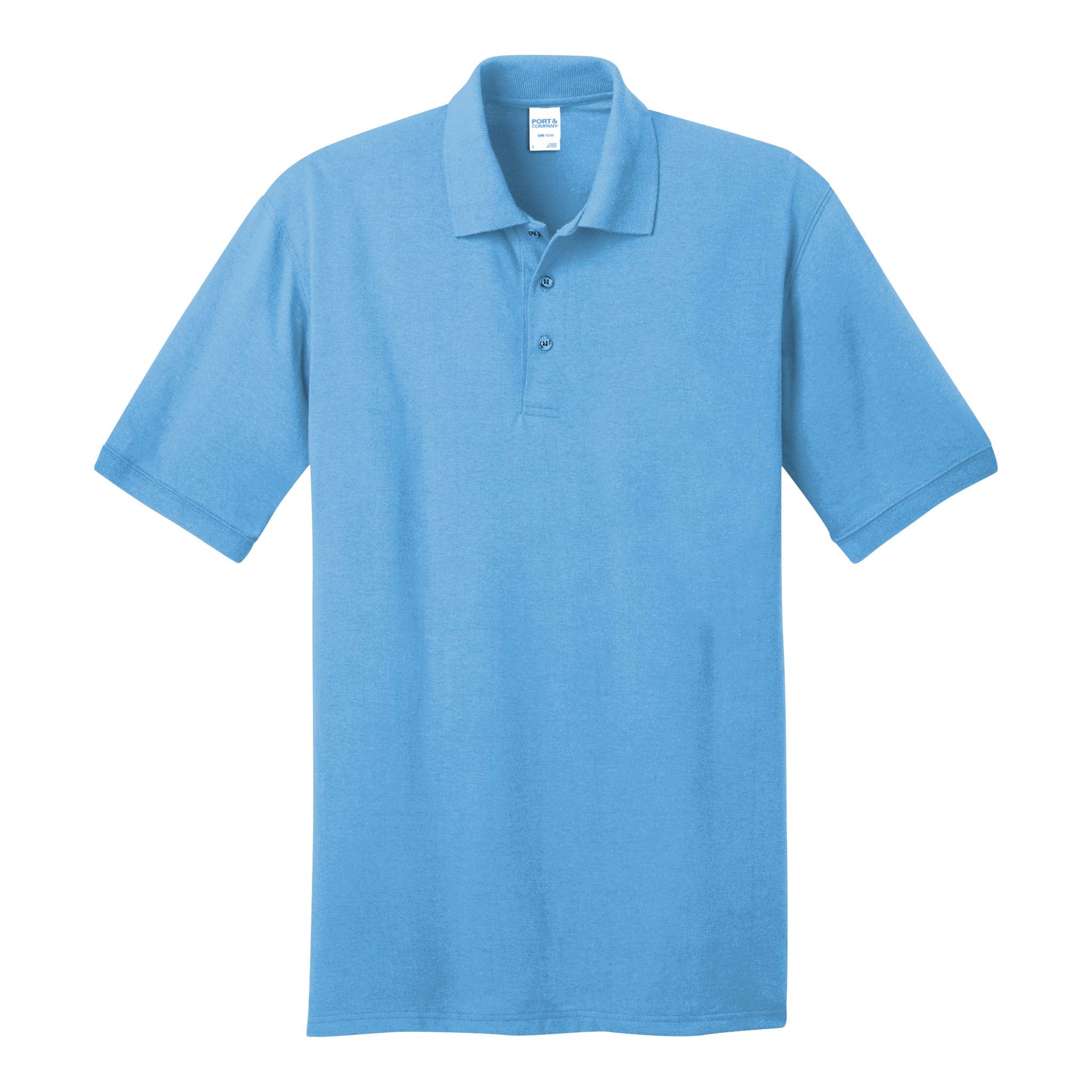 Port & Co KP55 custom polo in aquatic blue, front view