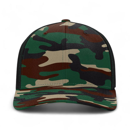 Front view of Richardson 110 custom hat in army camo and black