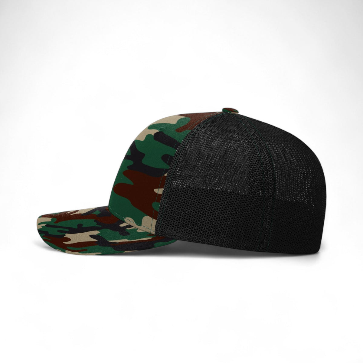 Left side view of Richardson 110 custom hat in army camo and black