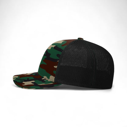 Left side view of Richardson 110 custom hat in army camo and black